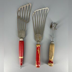 3 Vintage A&J Red Wood Handle Kitchen Cooking Utensils Farmhouse Pre 1945